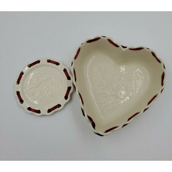 Longaberger 2005 Sweetest Heart Dish Ivory Bowl & Matching Candle Holder - Picture 1 of 6